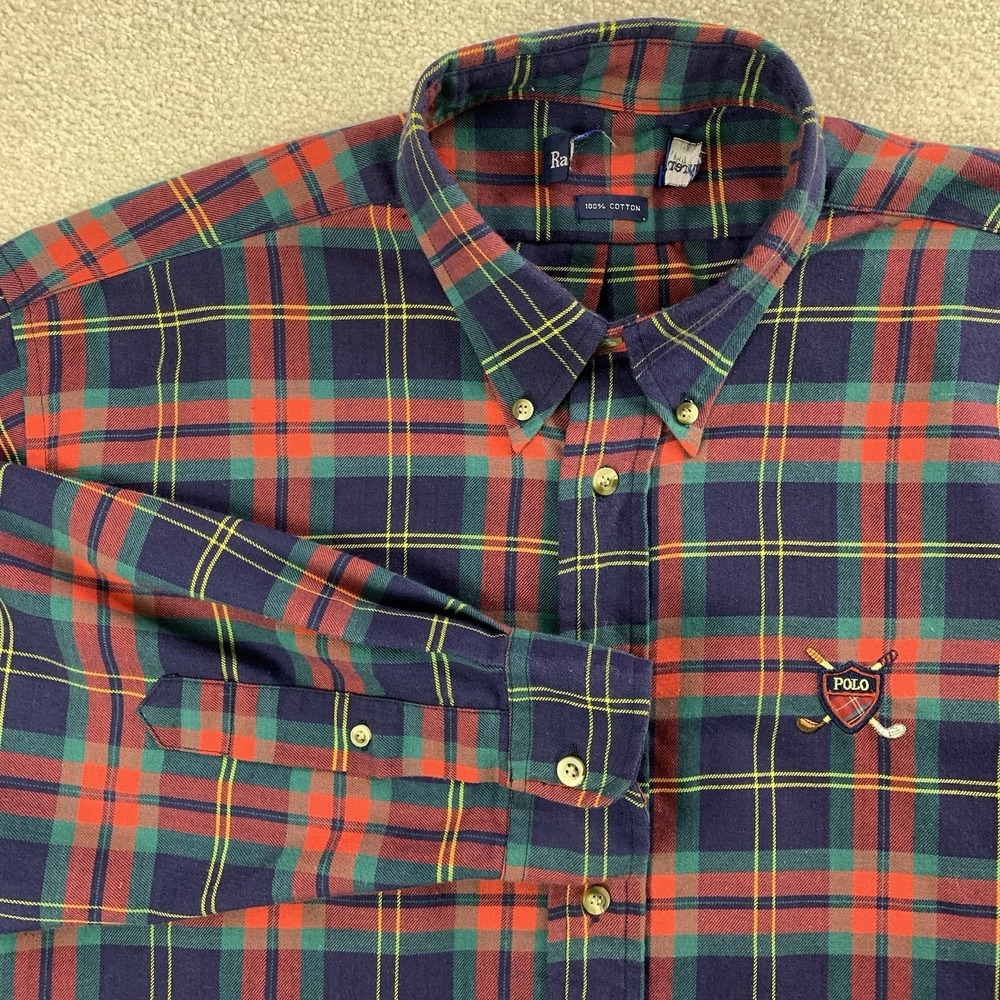Polo Ralph Lauren Button Down Shirt Mens XL Navy Red Plaid Golf Crest Flannel
